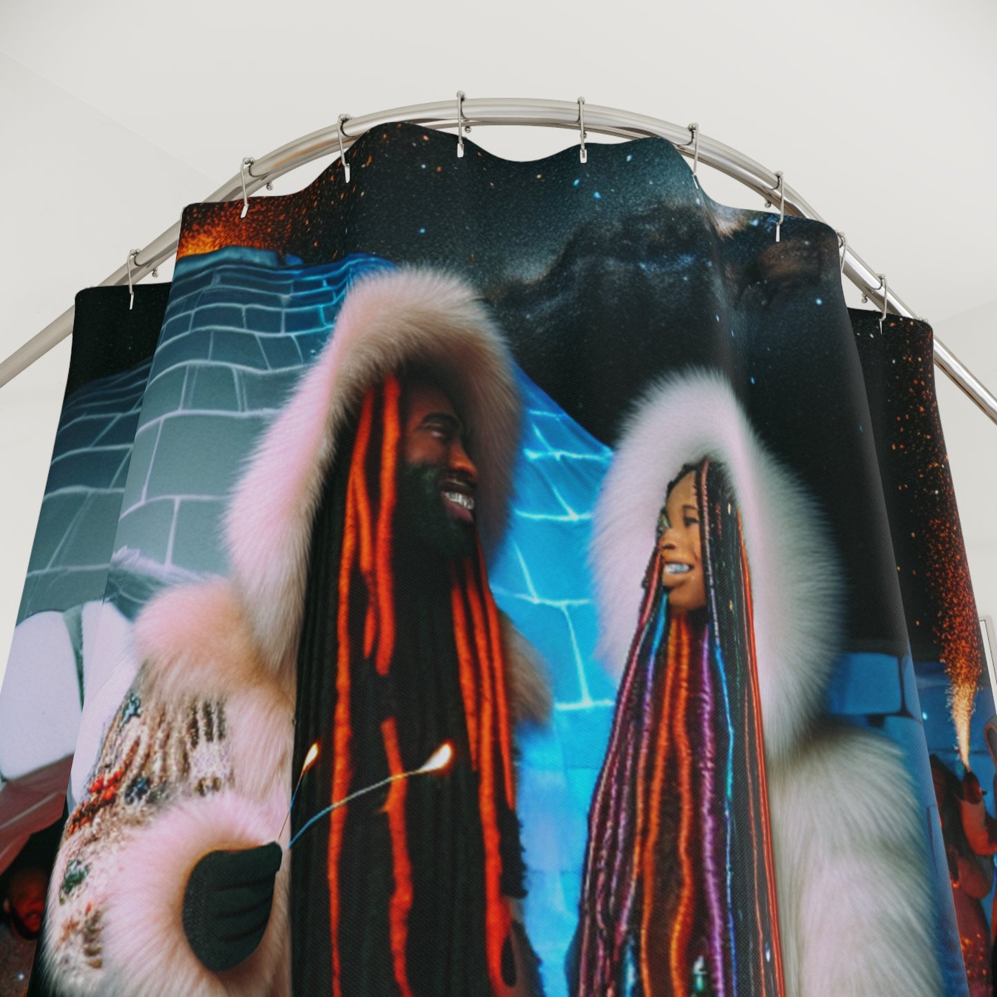 Shower Curtain - Couple Surrounding Igloo with Friends around Fire