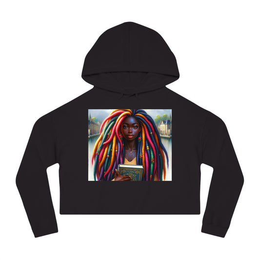 Cropped Hoodie - Black Girl with Colorful Dreadlocks Journaling