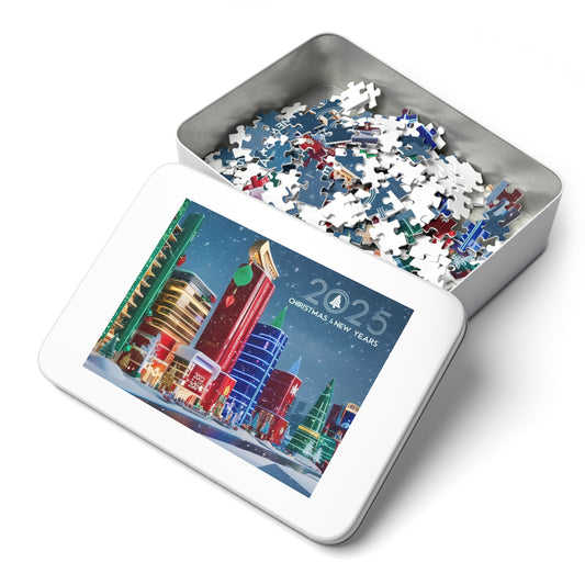 Jigsaw Puzzle with Tin Merry Christmas and Happy New Years 2025