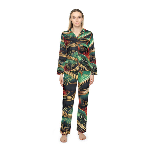 Women's Satin Pajamas Set - Urban Red, Black and Green Holiday Custom Design