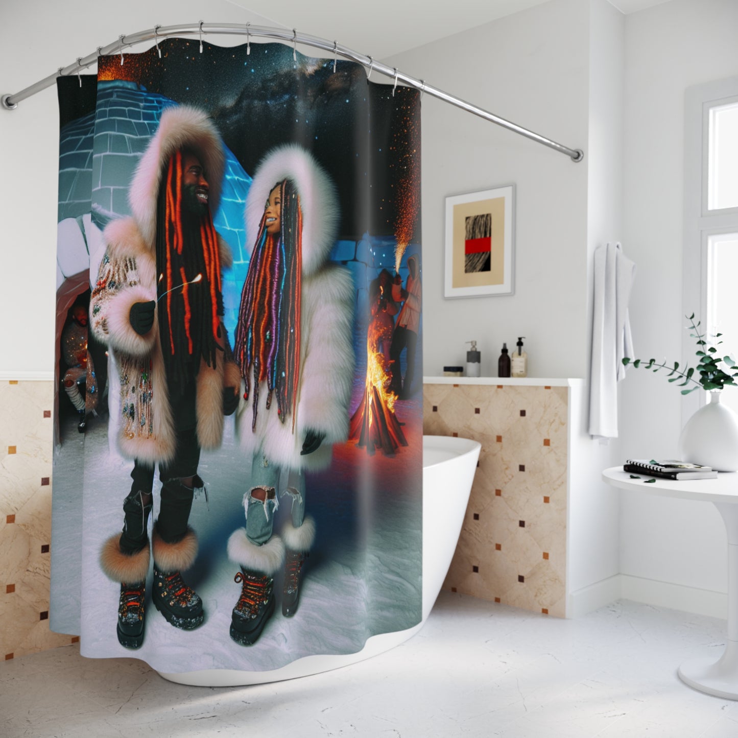 Shower Curtain - Couple Surrounding Igloo with Friends around Fire