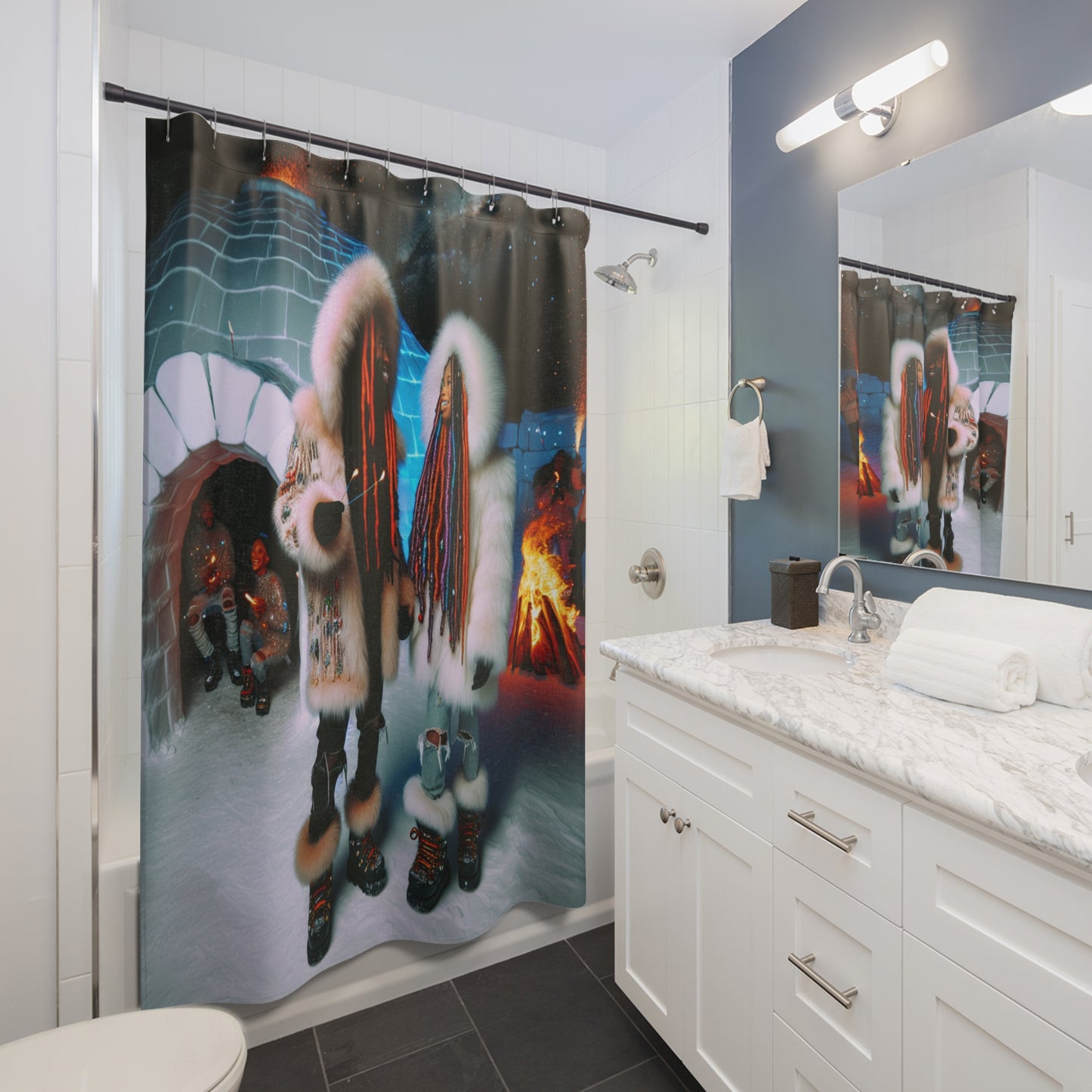 Shower Curtain - Couple Surrounding Igloo with Friends around Fire