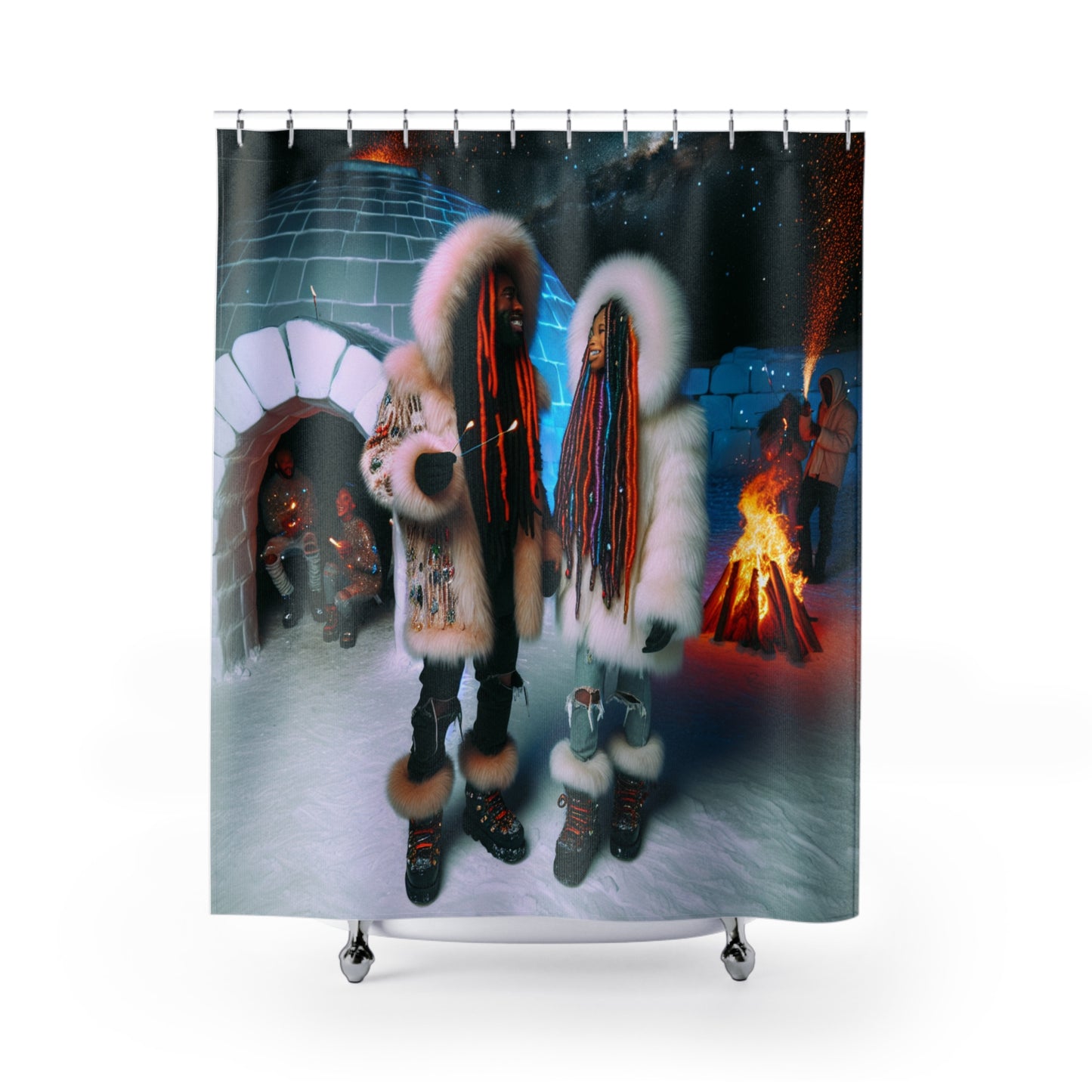 Shower Curtain - Couple Surrounding Igloo with Friends around Fire